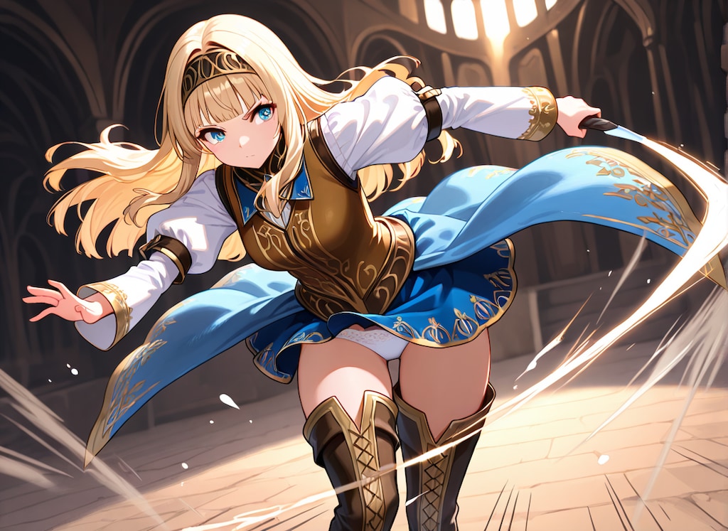 アリーシャが剣を振るってパンチラ