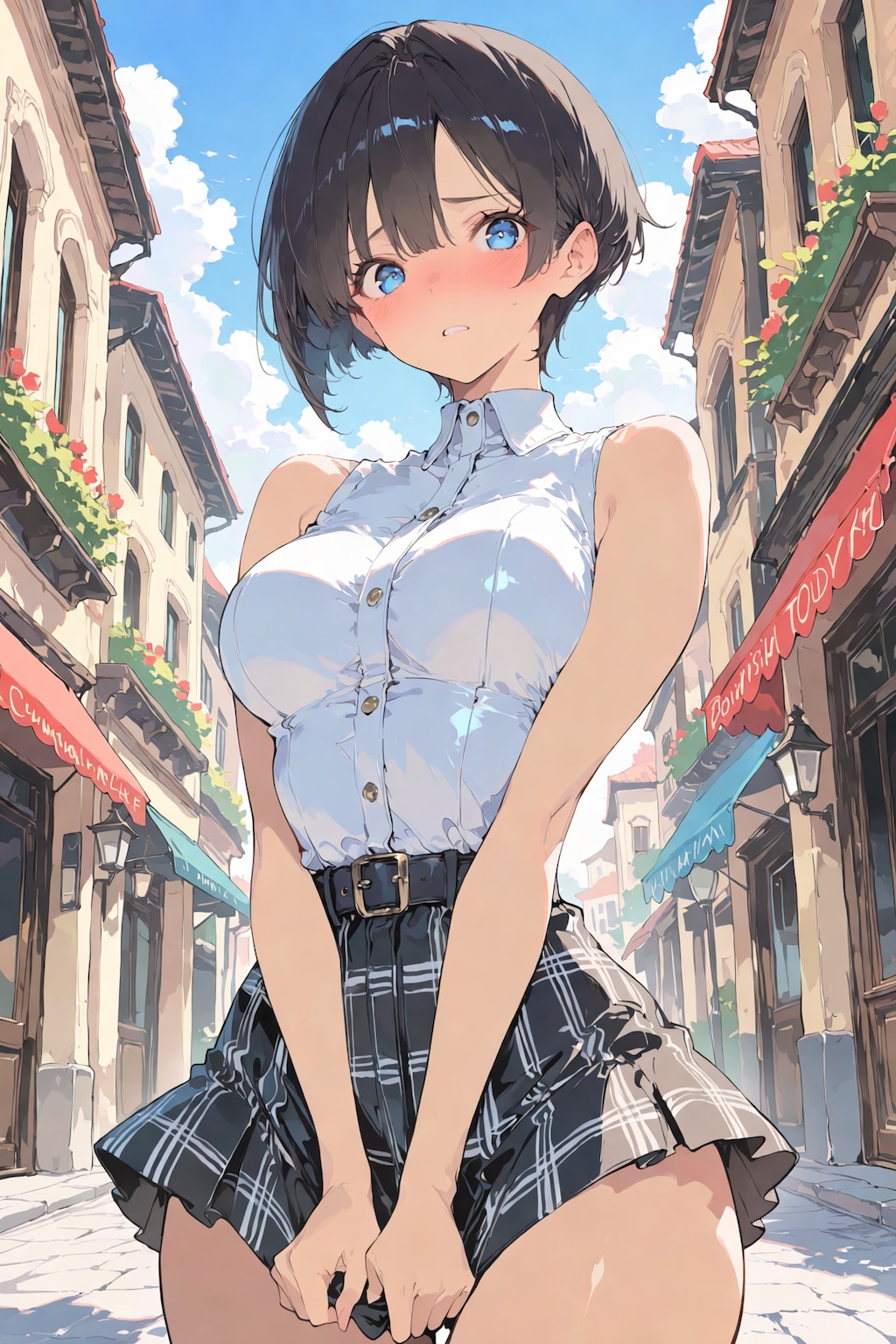 夏空の下の照れ顔