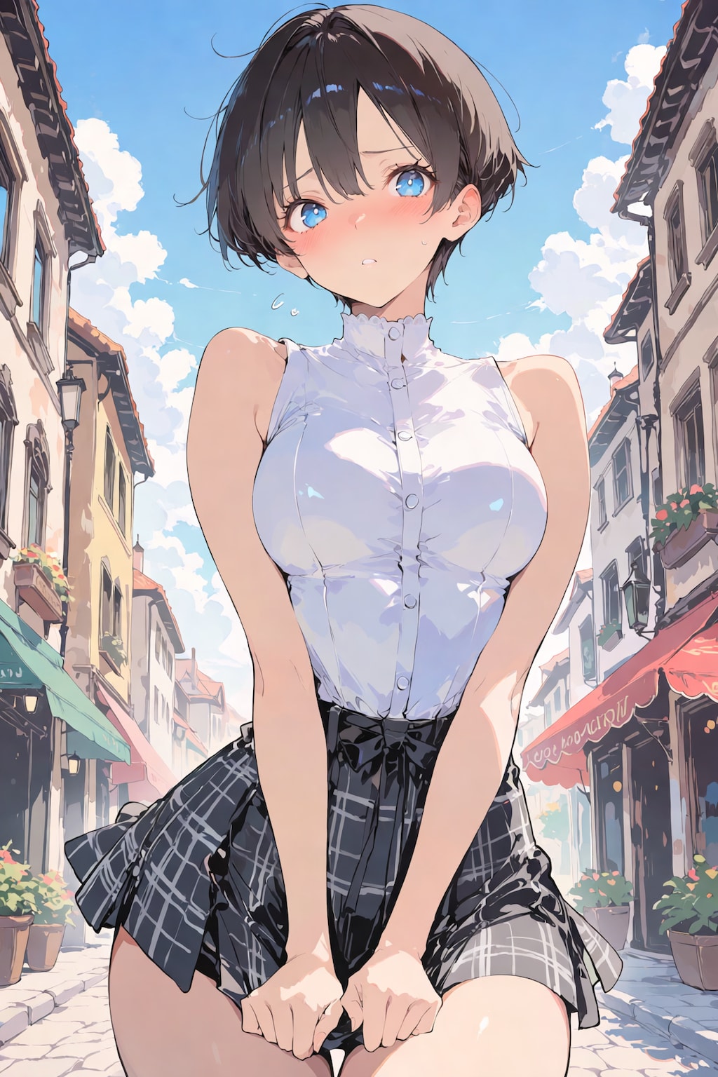 夏空の下の照れ顔