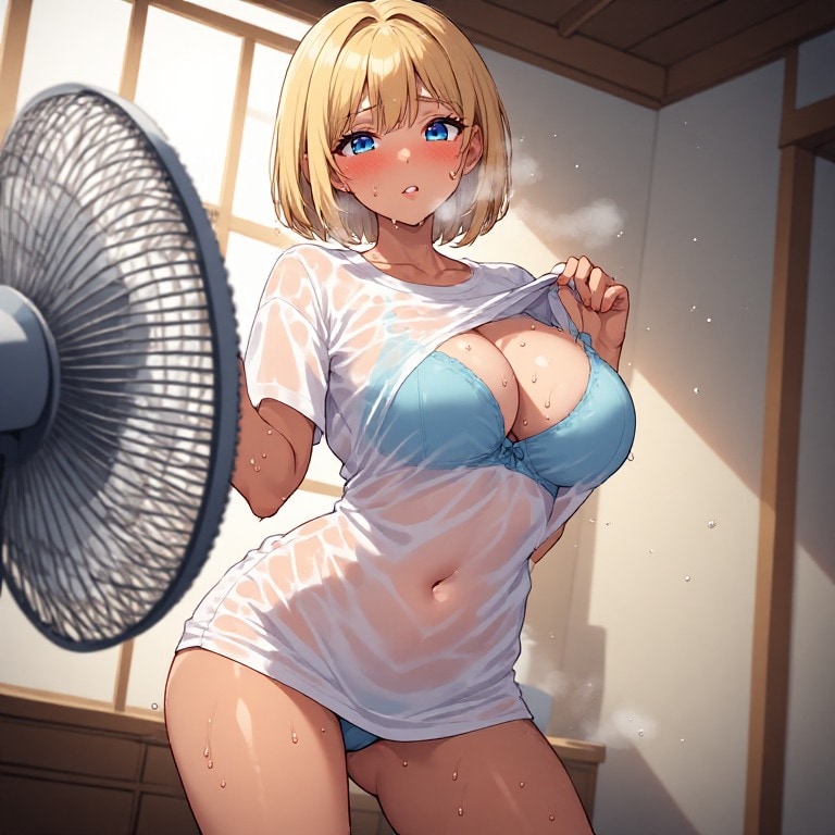 金髪ギャル　扇風機だけじゃキツいよね