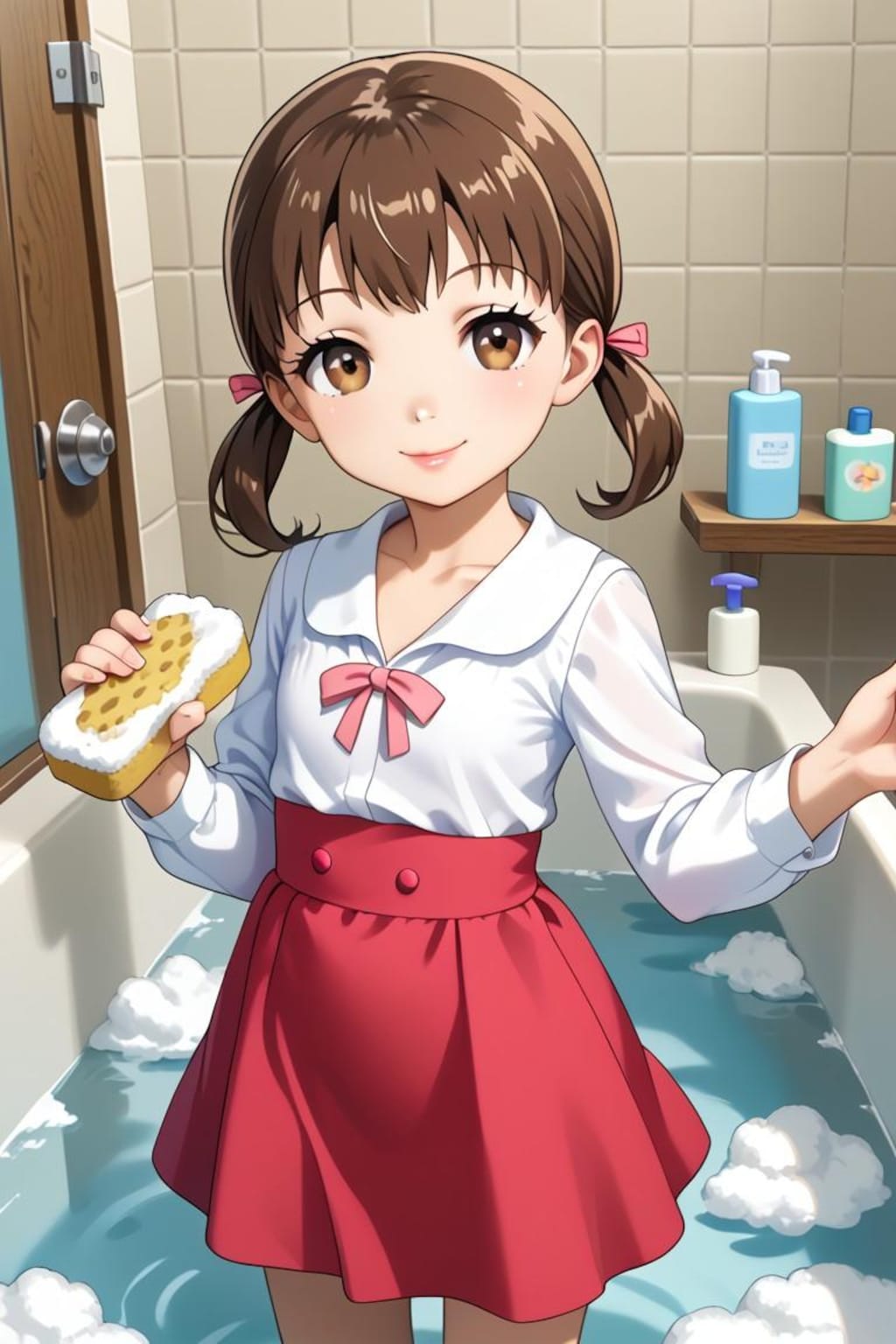 お風呂掃除を手伝う少女