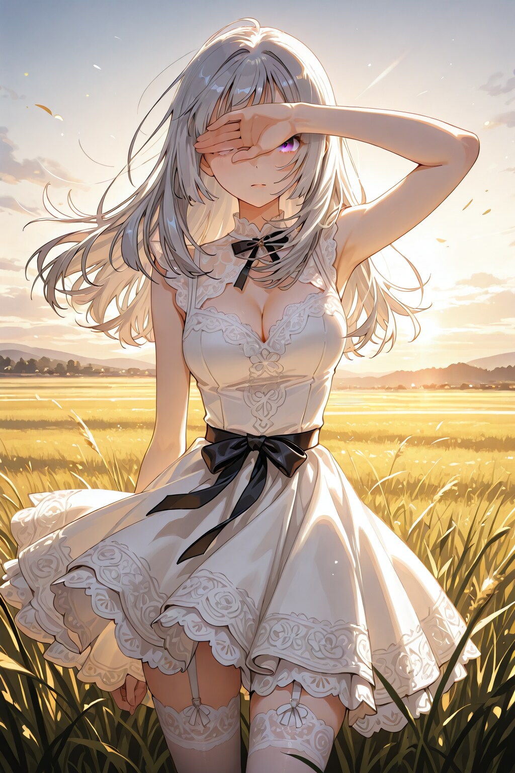 夕焼けが広がる野原で
