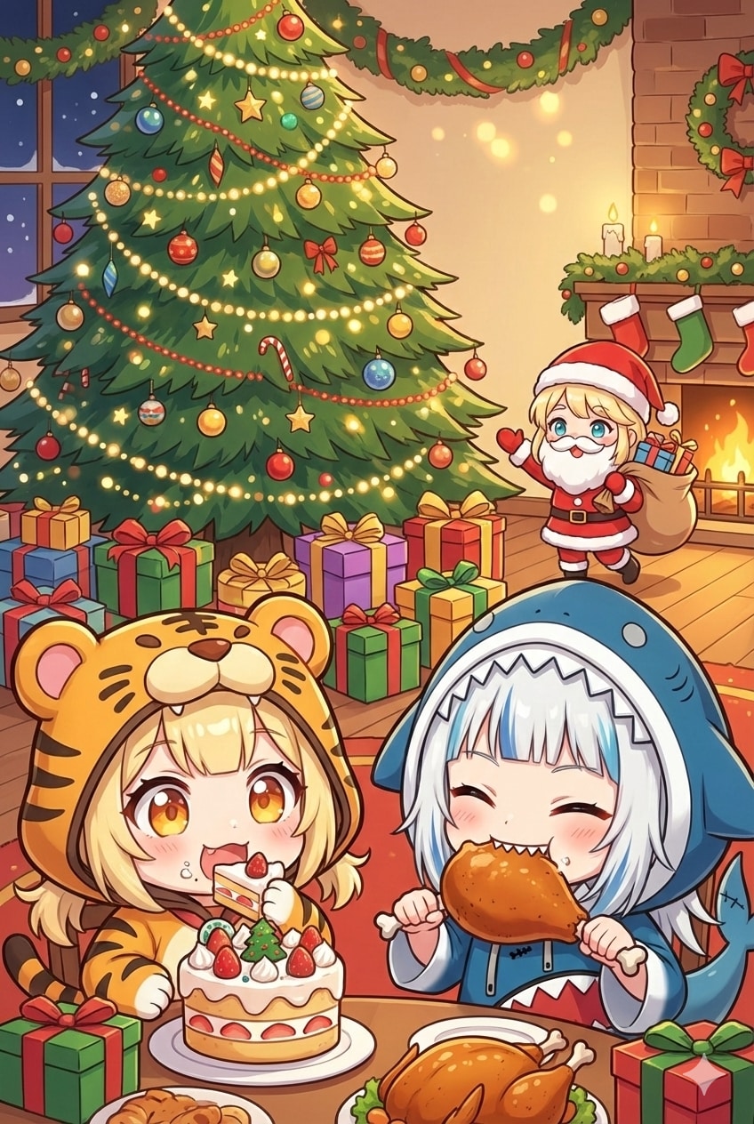 クリスマスパーティをする虎娘ちゃんとサメ美ちゃん | の人気AIイラスト・グラビア