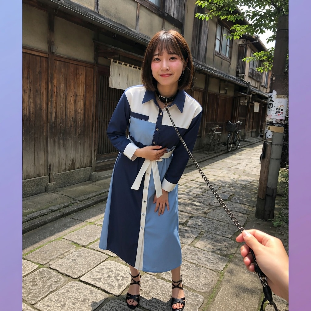 古い街で首輪つけて、ブラ見せ散歩