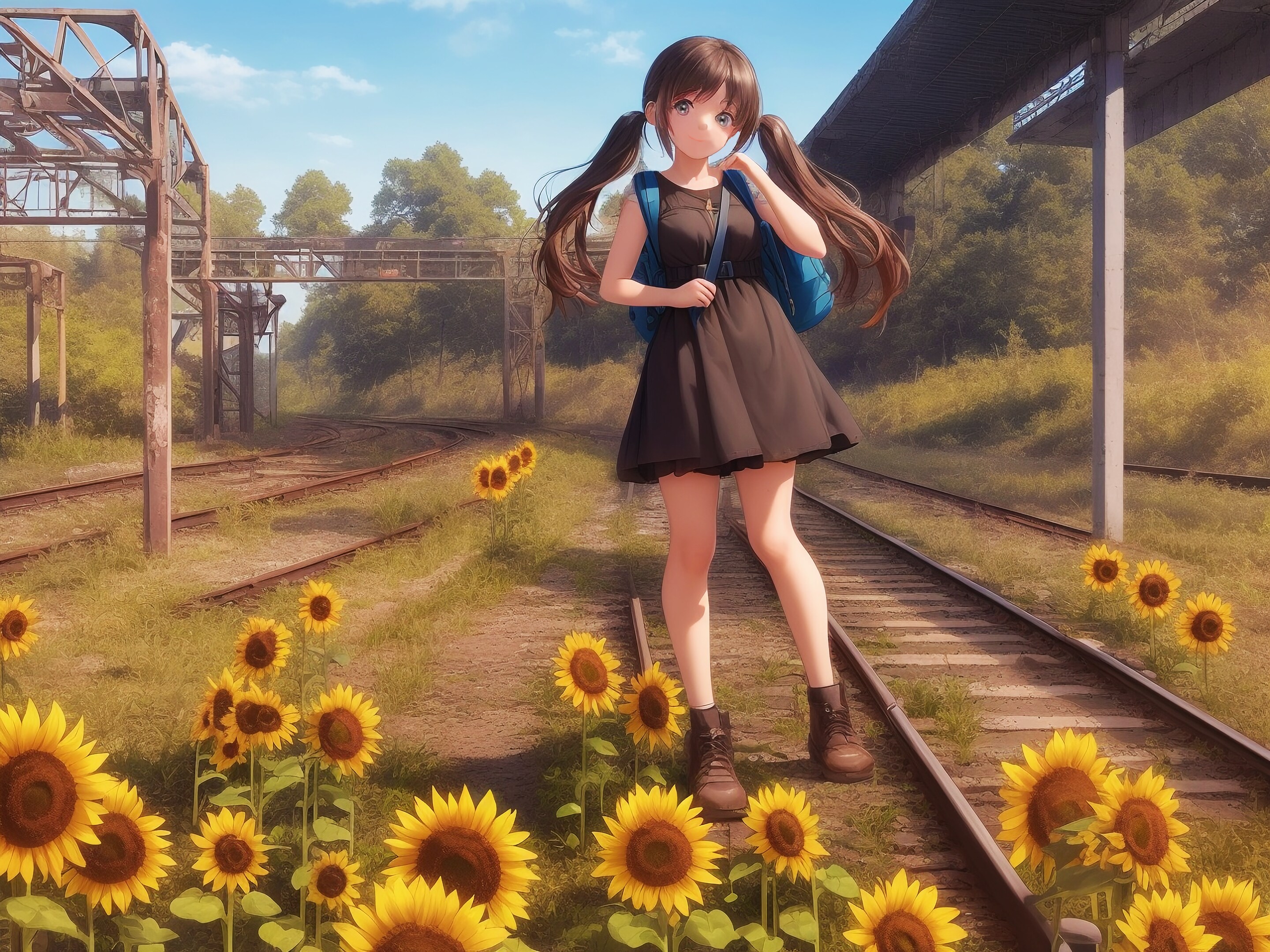 夏の廃鉄道をピクニック気分で旅する少女