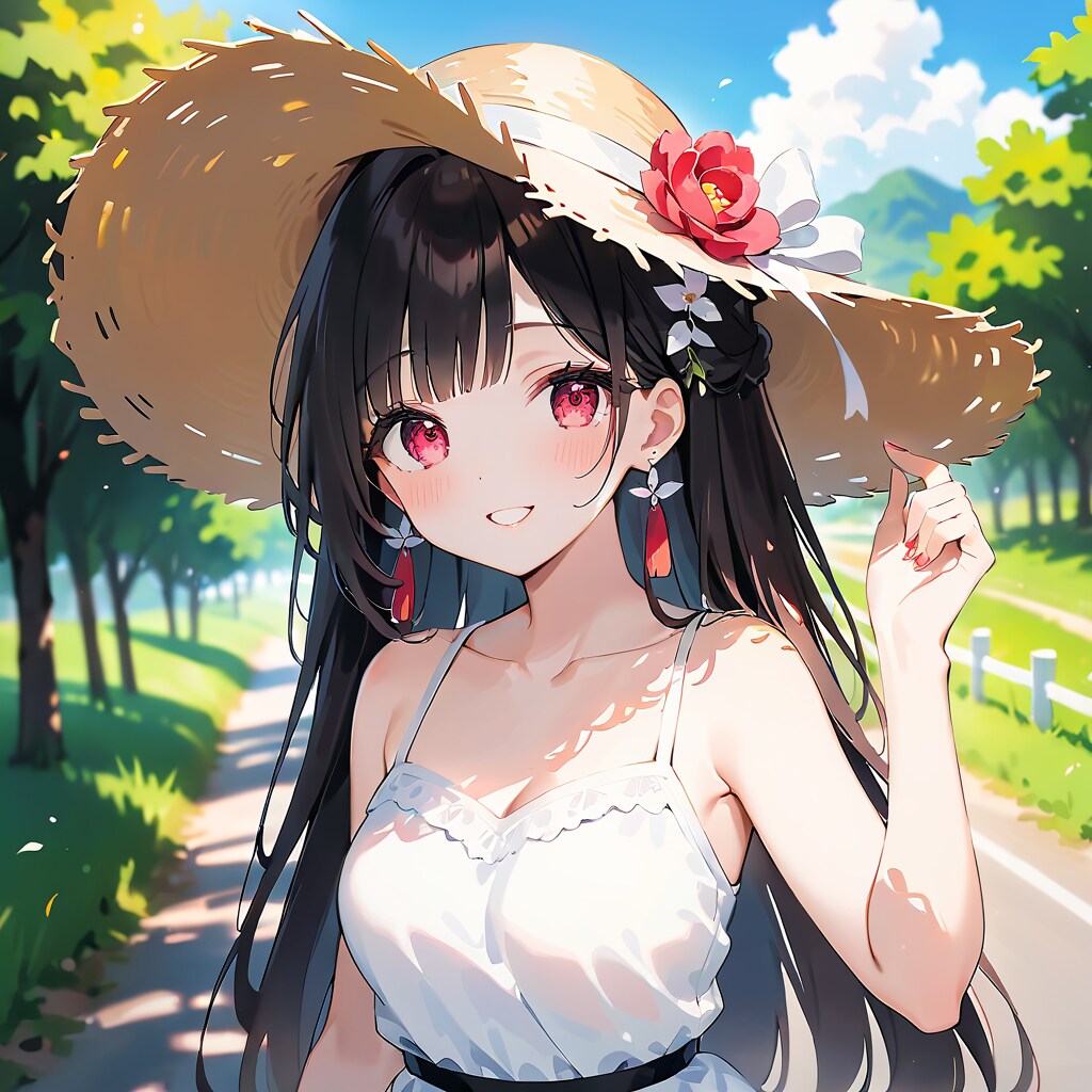 うちの子で白ワンピース＋麦わら帽子コーデ