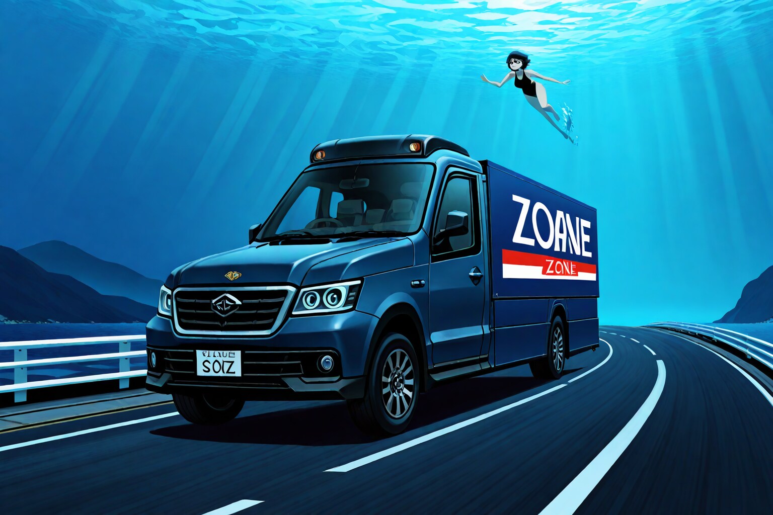 大型車両に競泳水着の少女を描く（試作中２）