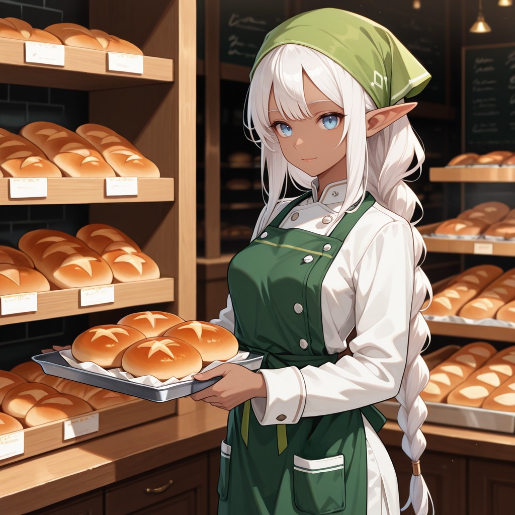 ちちぷいスーパー内のパン屋を手伝いに来たパン屋を営むダークエルフさん