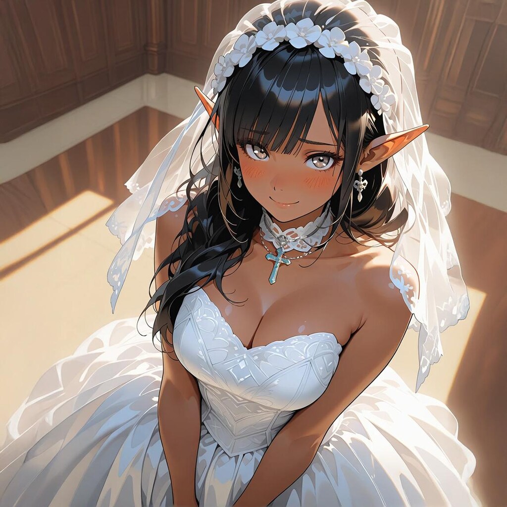 長老に騙され花嫁衣装を着てきたダークエルフ、花嫁と聞いてなぜか急に赤くなる