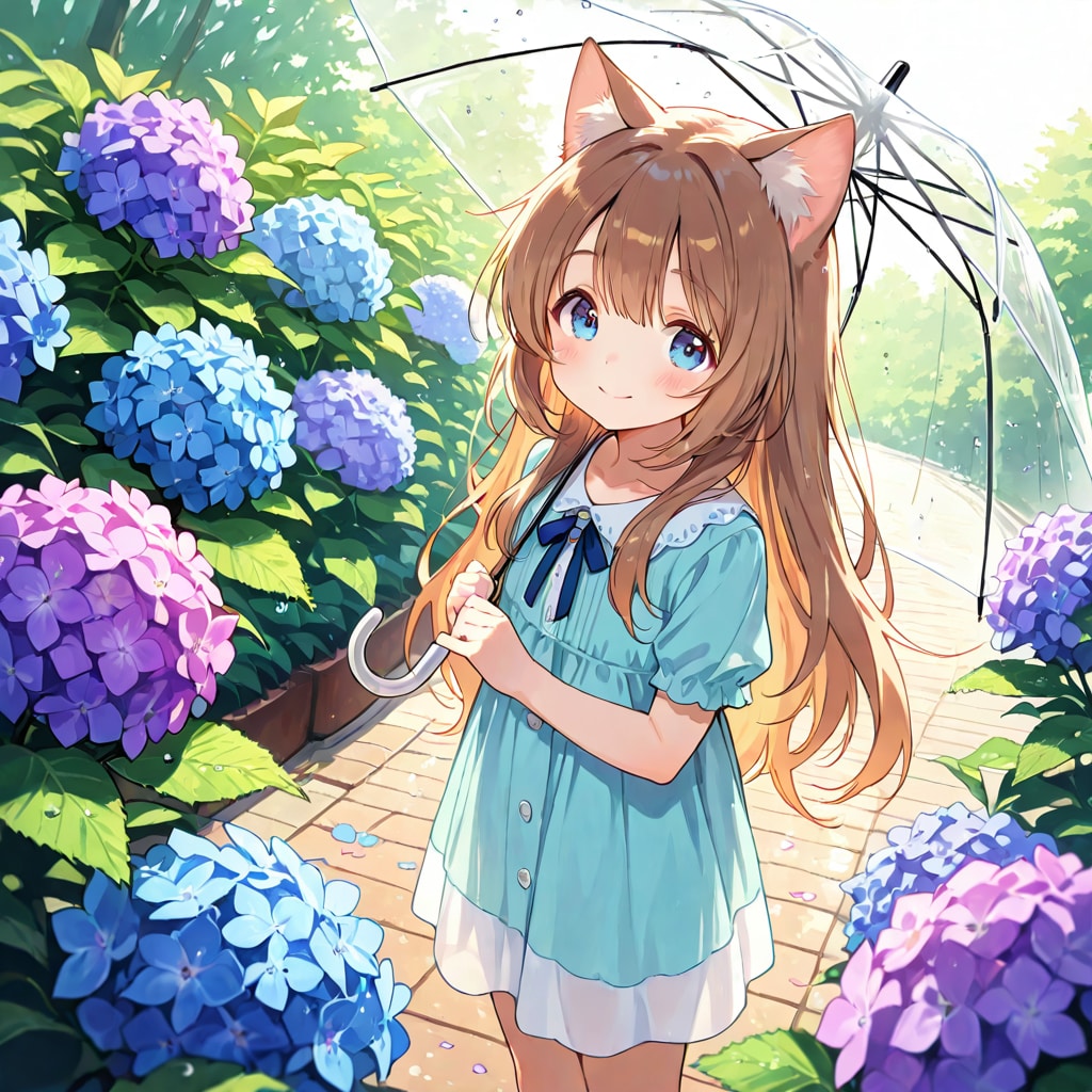 紫陽花と小さな女の子