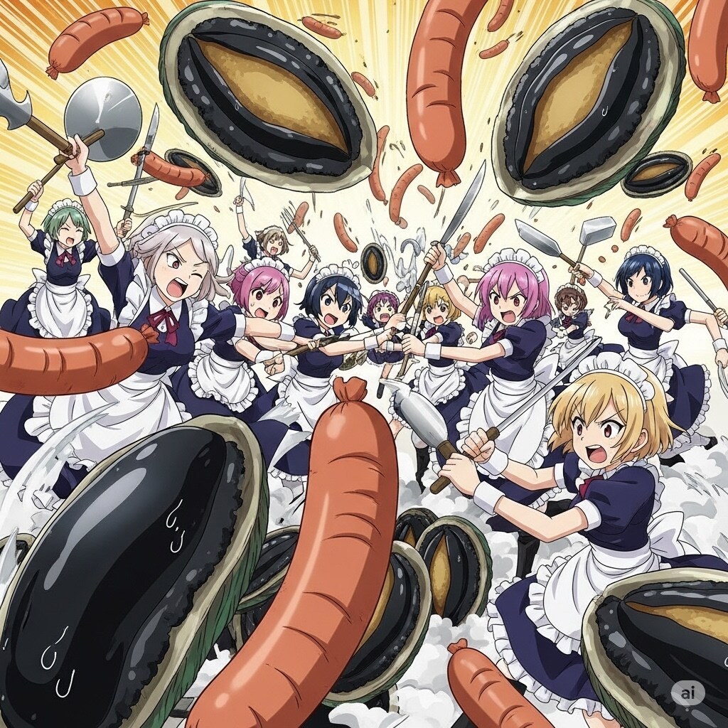 メイドのアワビとソーセージの大合戦