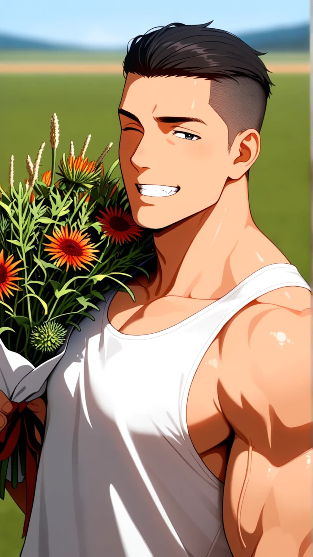 マッチョ　花を贈る