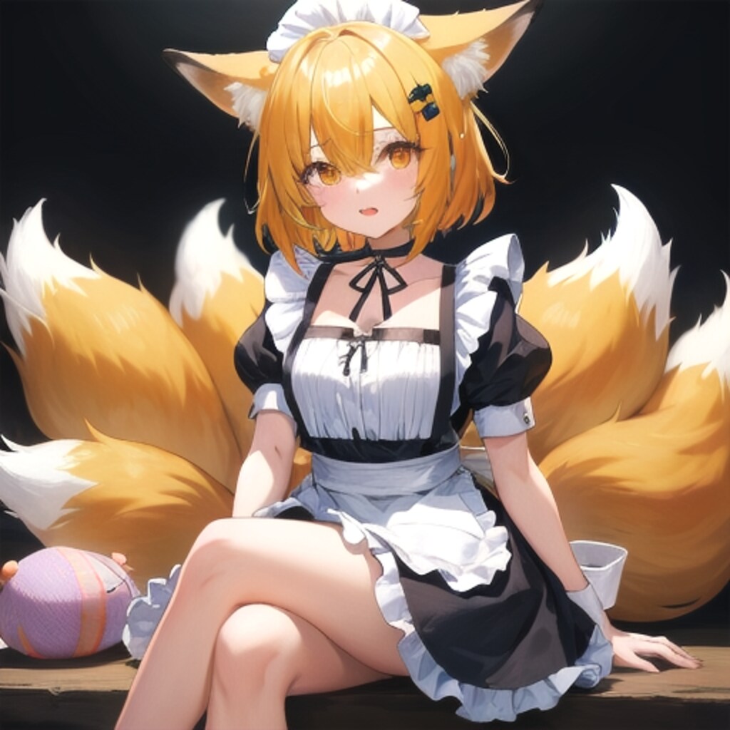 全体的に黄色系でメイド服を着て足を組む狐の少女