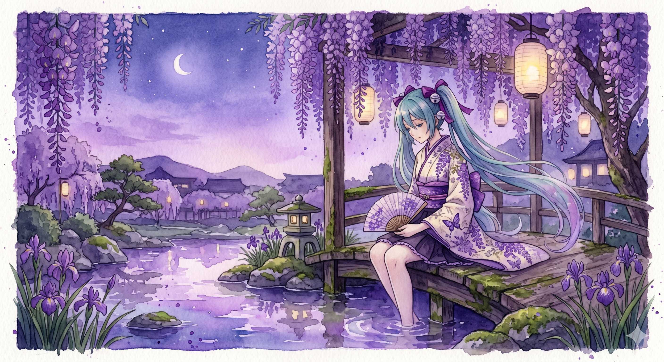 水彩画ミクさん　藤の夜 月光と紫の調べに浸る歌姫 | の人気AIイラスト・グラビア