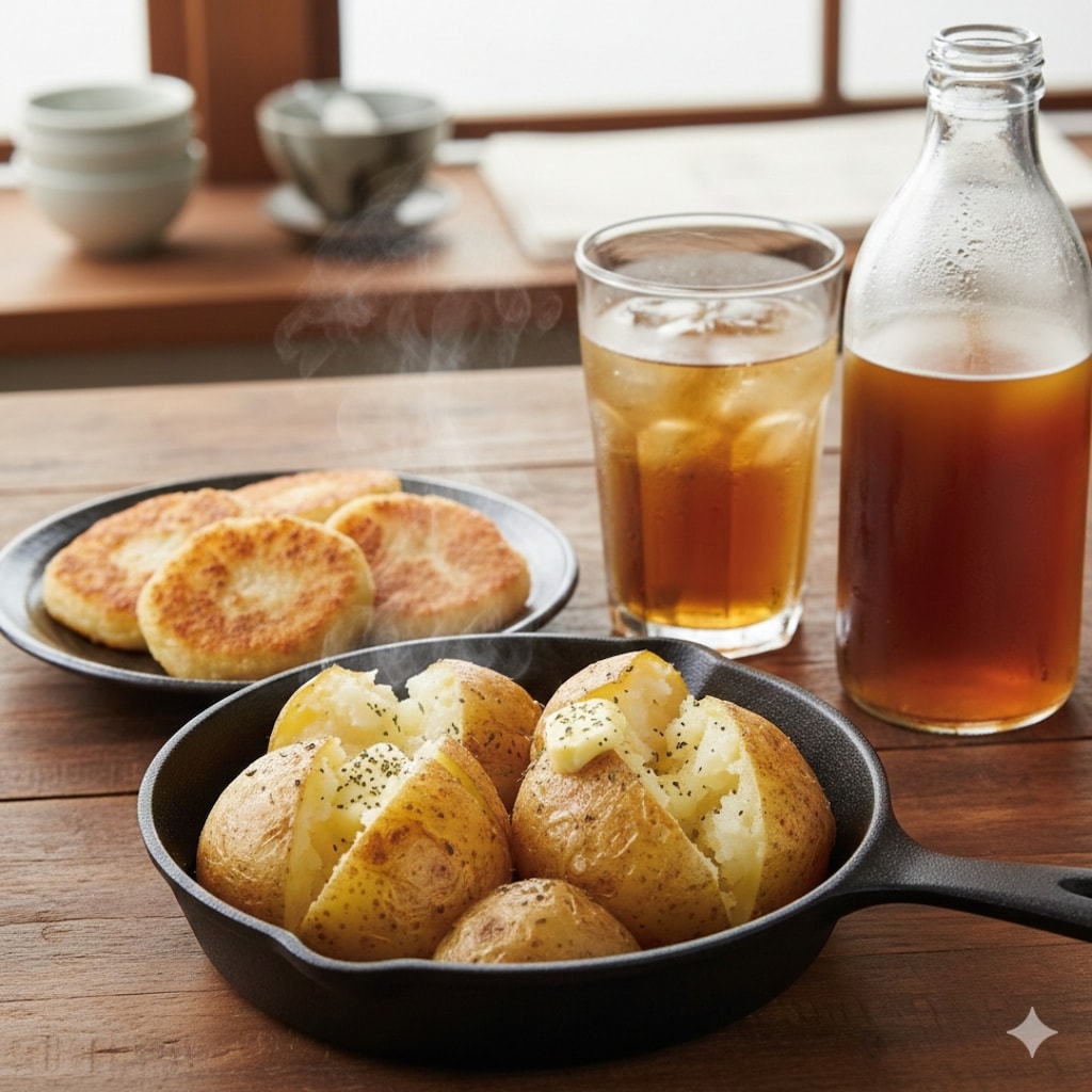 【昼食】じゃがバター、芋餅、烏龍茶