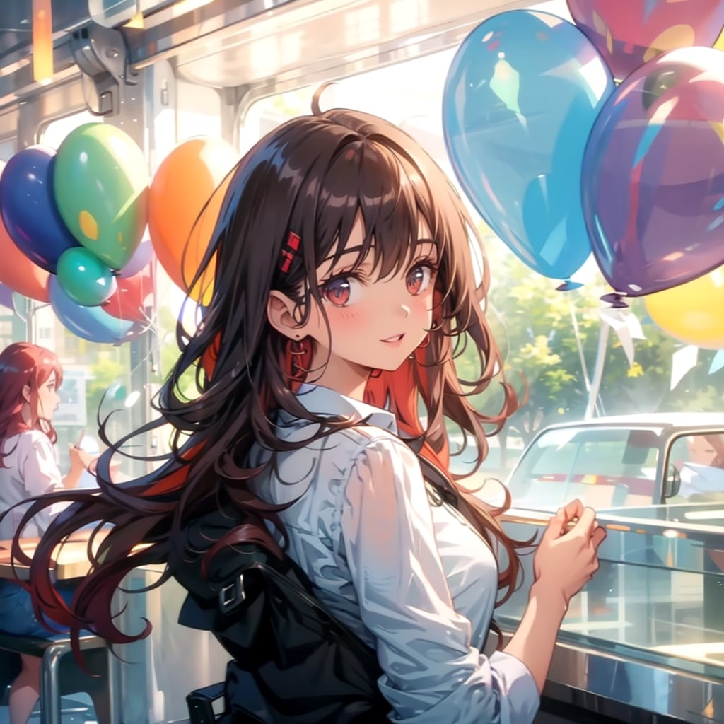 いっぱい色とりどりの風船を持つ赤い髪ロングのバス運転手の美女