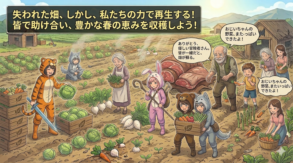 【All0429b】農家の人たちと一緒に無事だった春野菜の収穫をお手伝いをする事にした、みんなで楽しく収穫作業を行った。（モデル: NanoBanana2）