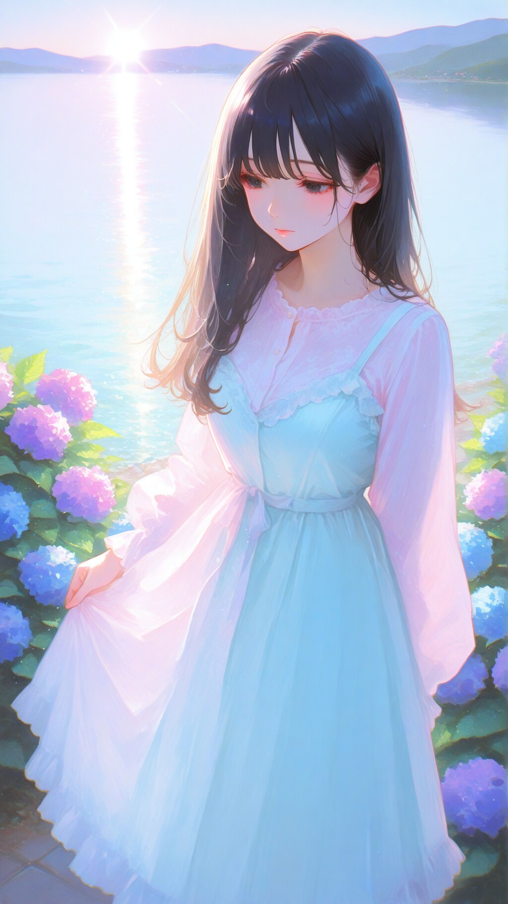 湖沿いの紫陽花と少女