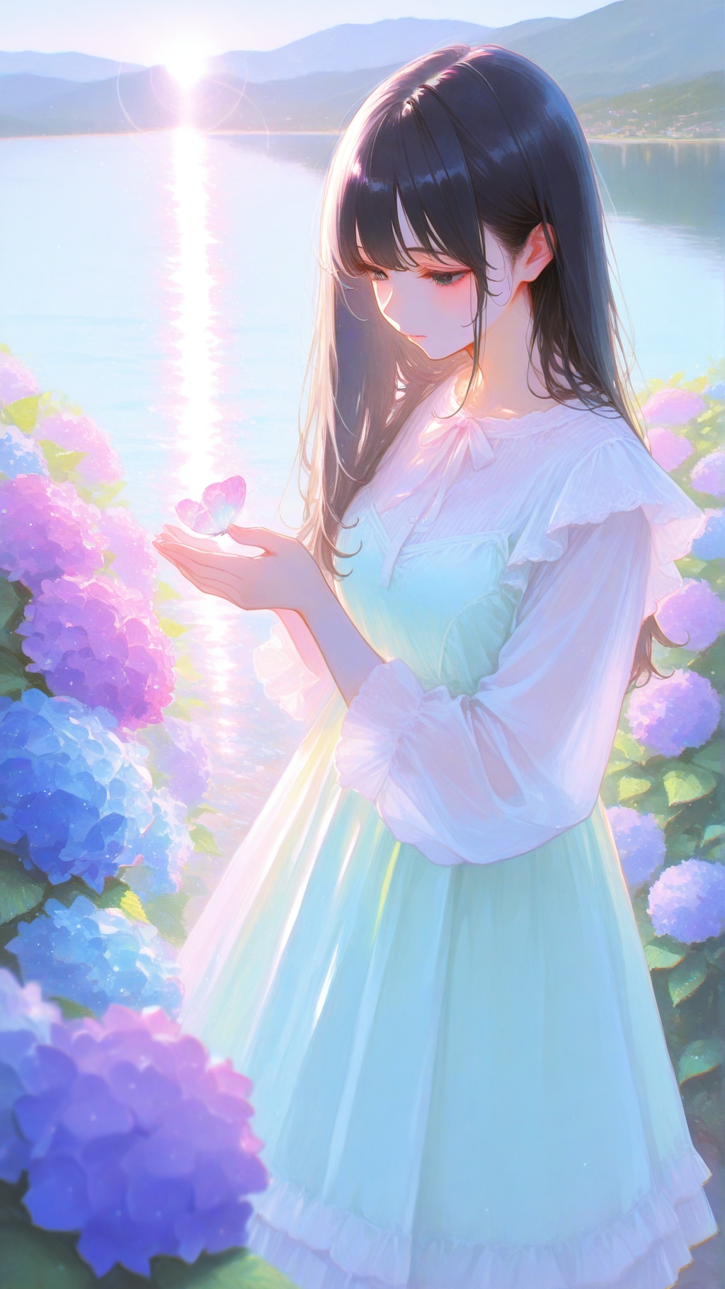 湖沿いの紫陽花と少女