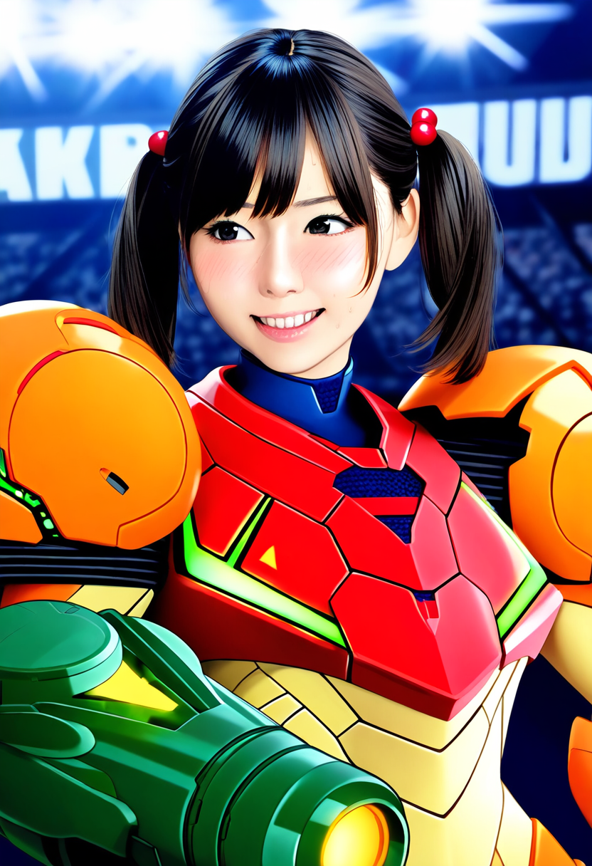 サムスのコスプレを披露するコスプレイヤーの妹