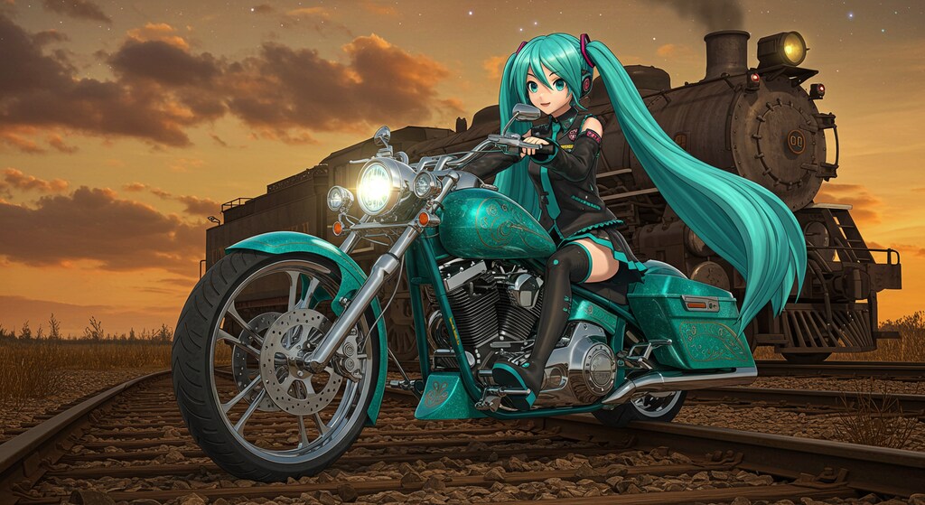初音ミクとハーレーダビッドソンと蒸気機関車