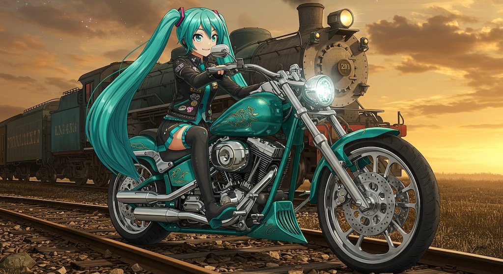 初音ミクとハーレーダビッドソンと蒸気機関車