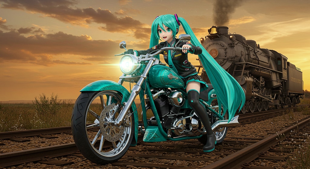 初音ミクとハーレーダビッドソンと蒸気機関車