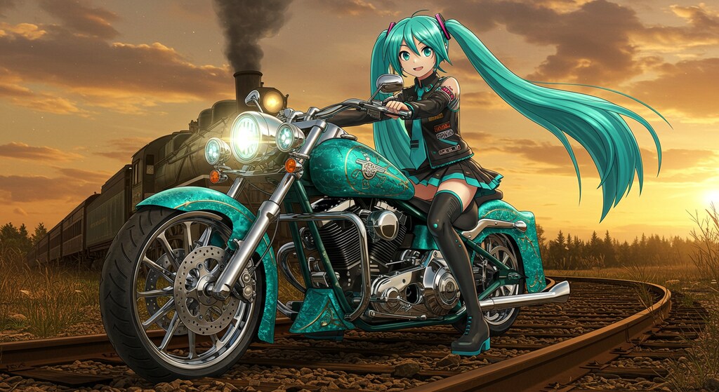 初音ミクとハーレーダビッドソンと蒸気機関車