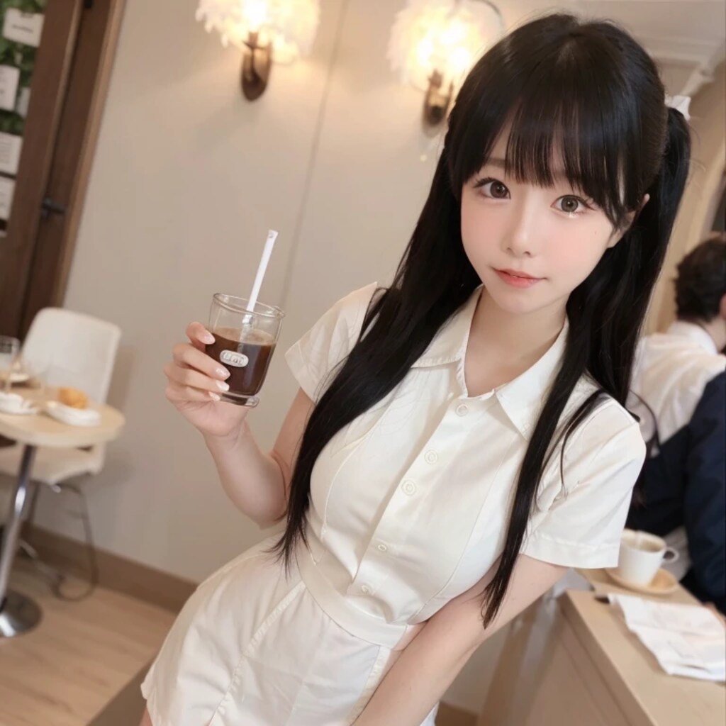 黒髪ツインテでカフェの美女３