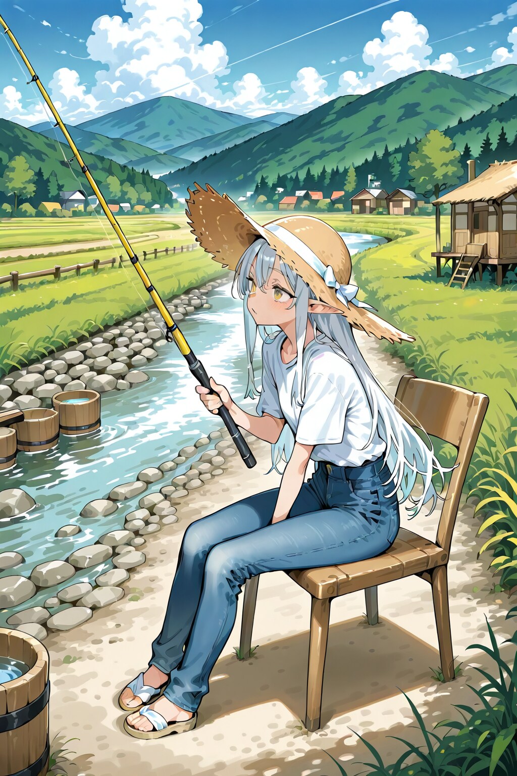 田舎で釣りをしている銀髪エルフの女の子