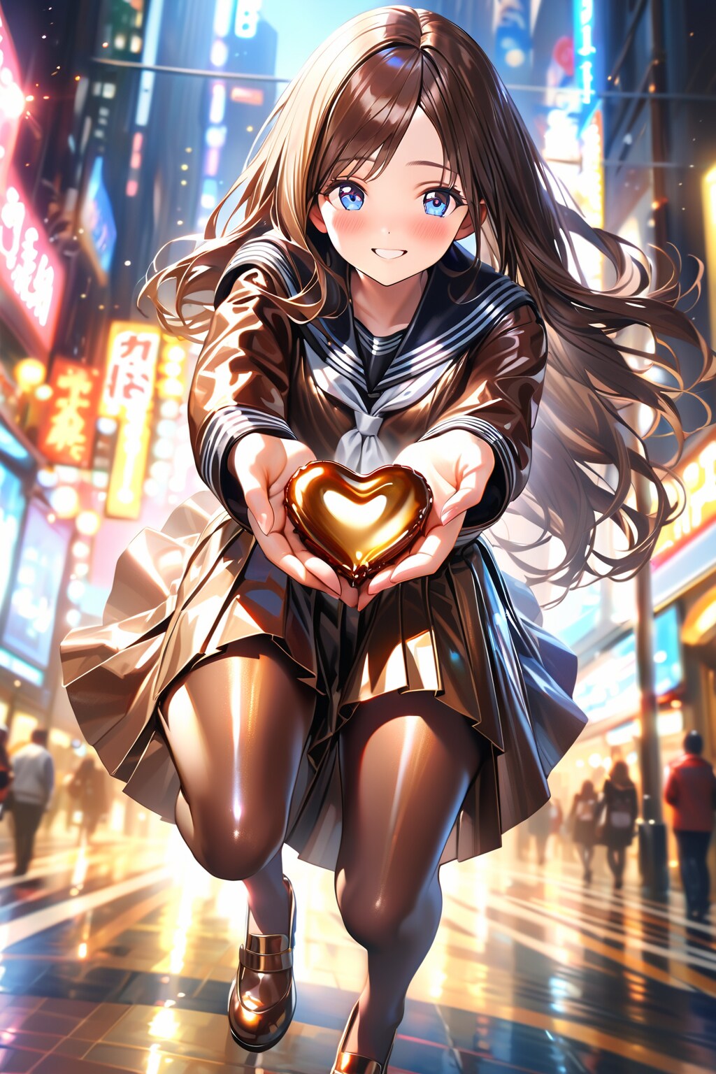 チョコレートのセーラー服でチョコを渡す少女　縦長画像版