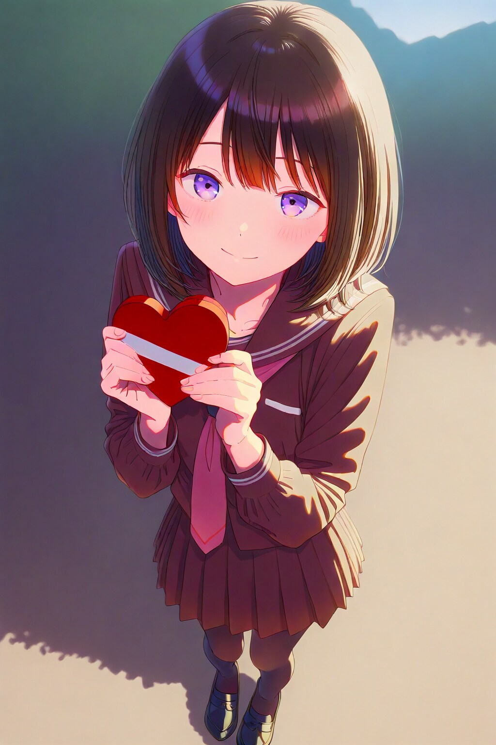 チョコレートのセーラー服でチョコを渡す少女　縦長画像版