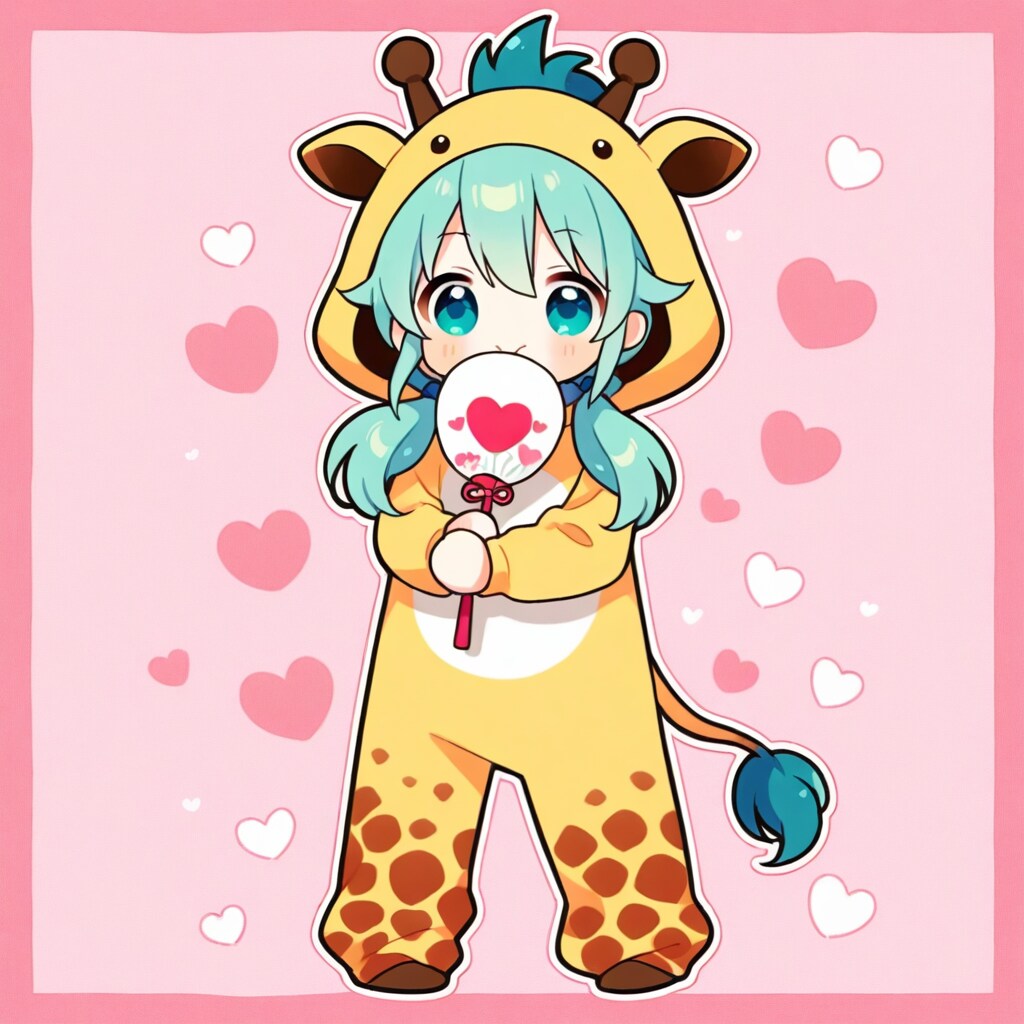 うちわで涼しげキリン着ぐるみちび子ちゃん