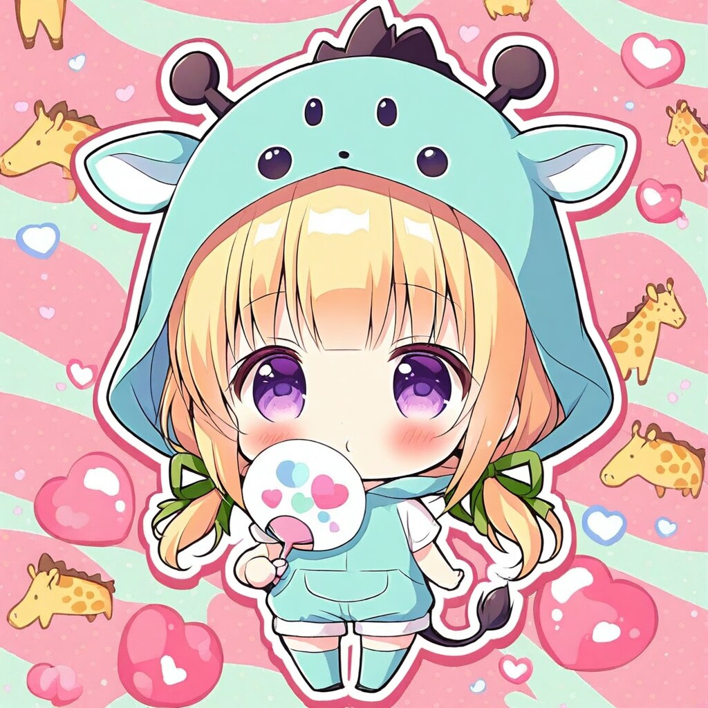 うちわで涼しげキリン着ぐるみちび子ちゃん