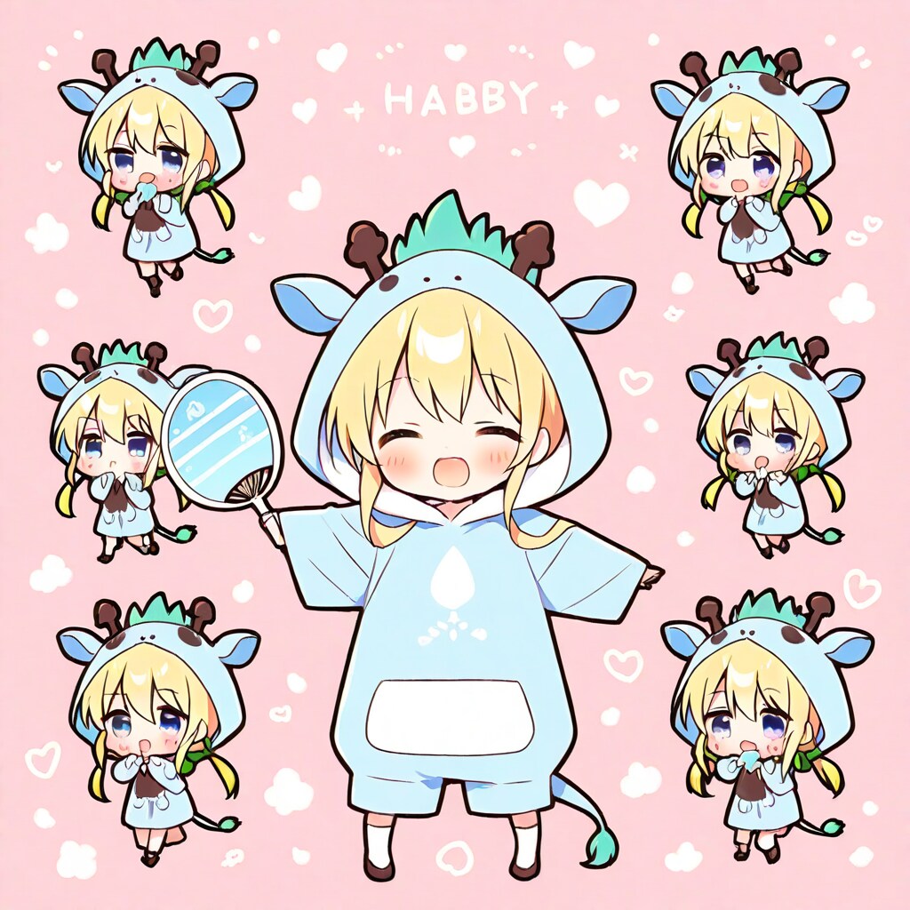 うちわで涼しげキリン着ぐるみちび子ちゃん