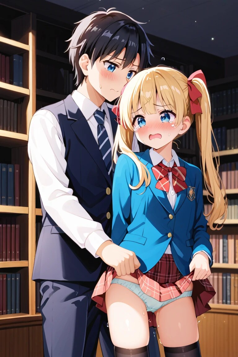 図書室でスカート捲られてパンツ晒す金髪JK