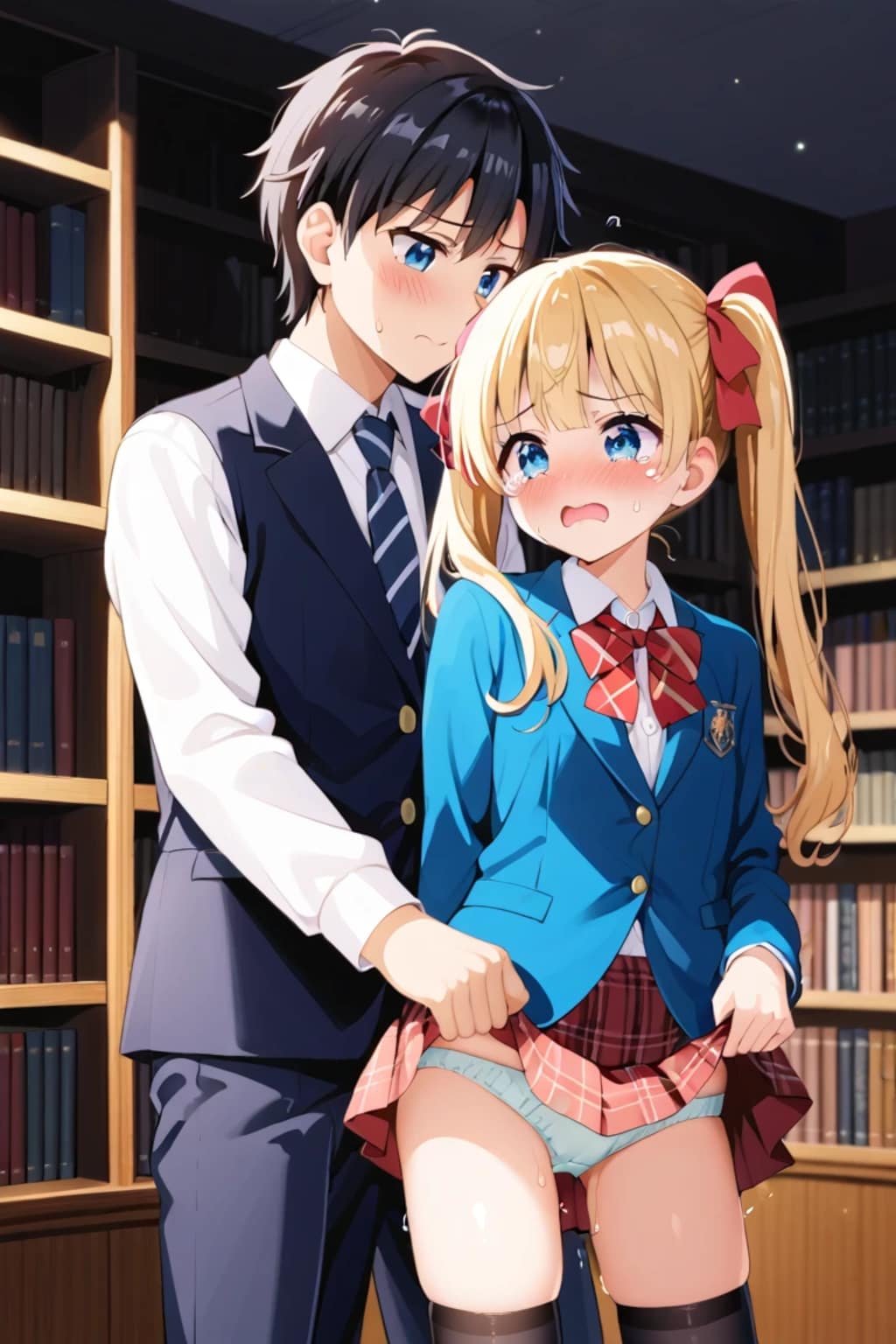 図書室でスカート捲られてパンツ晒す金髪JK