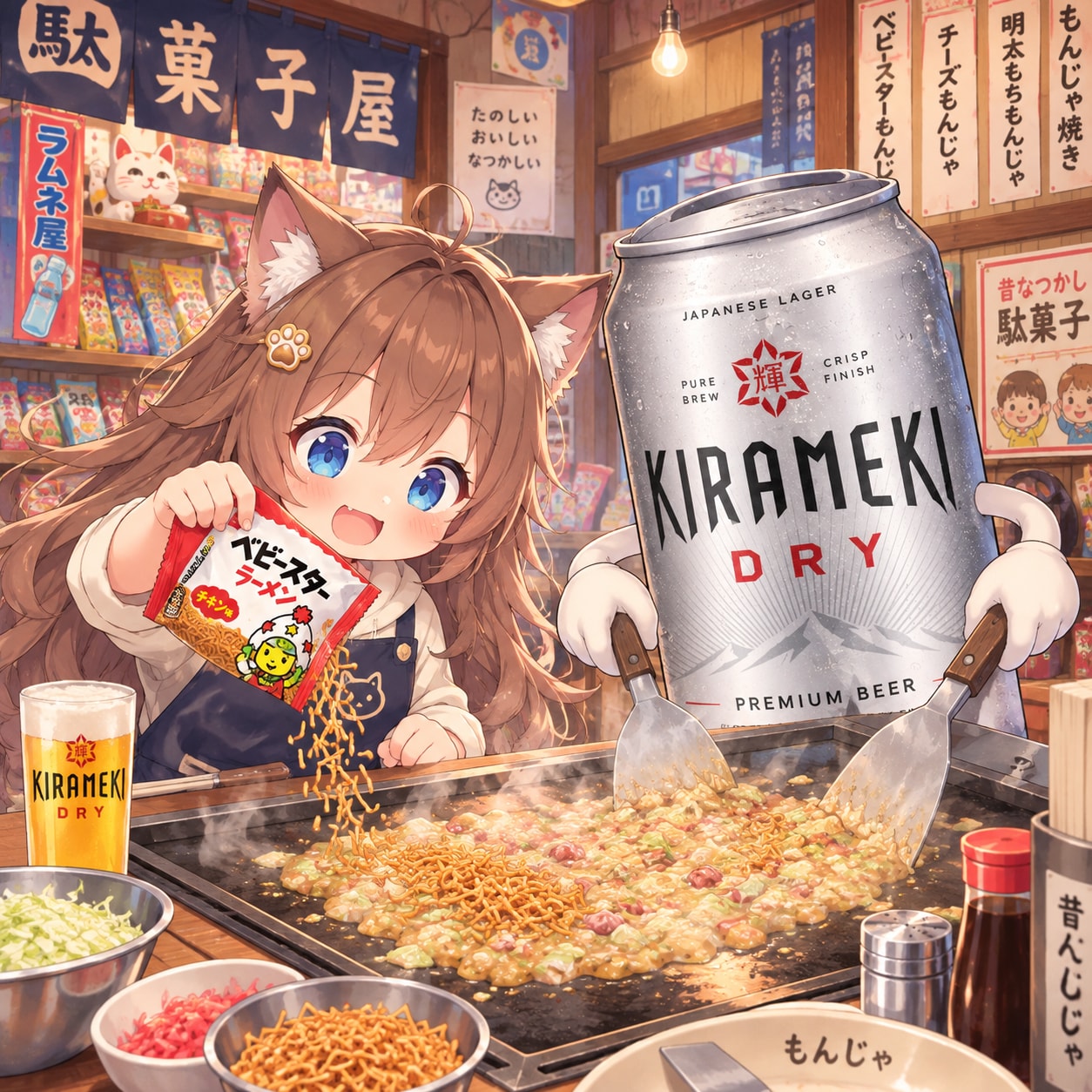 駄菓子屋でもんじゃ焼きを作る小さな女の子 | の人気AIイラスト・グラビア