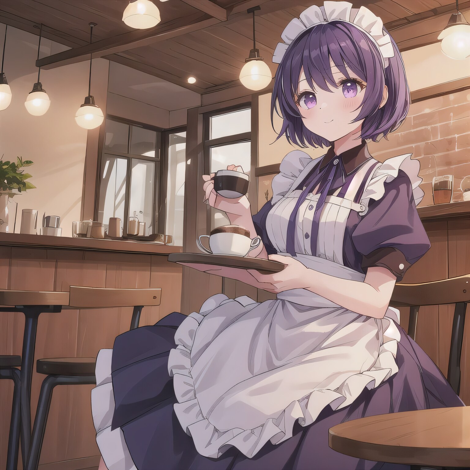 紫髪ボブでカフェの少女 | の人気AIイラスト・グラビア