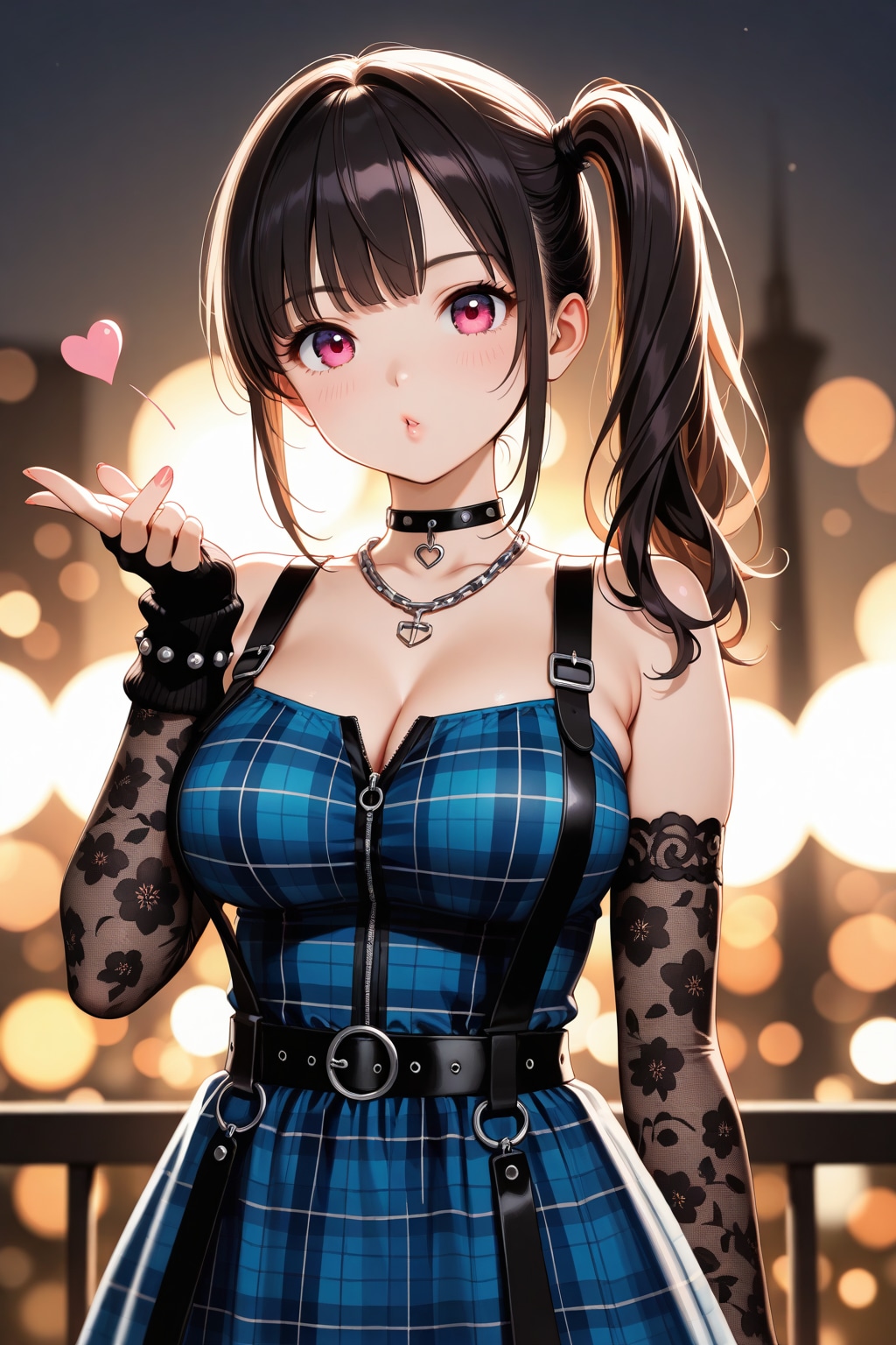 20260102青チェック柄ワンピースのゴシック系女性