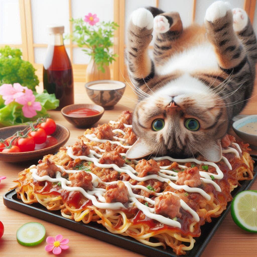 お好み焼きを作る猫