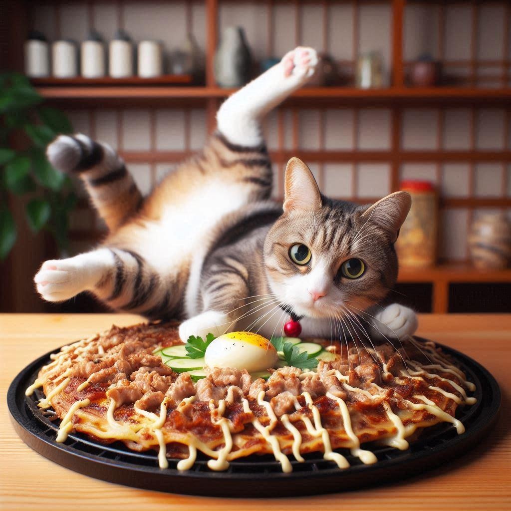 お好み焼きを作る猫