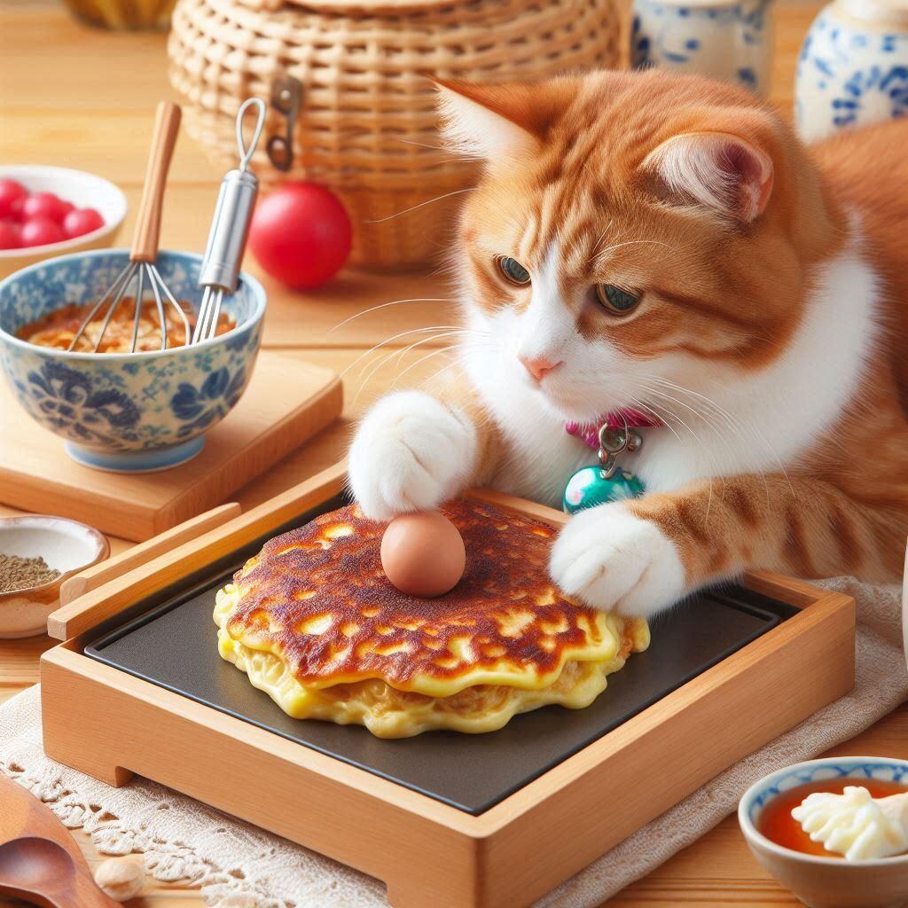 お好み焼きを作る猫