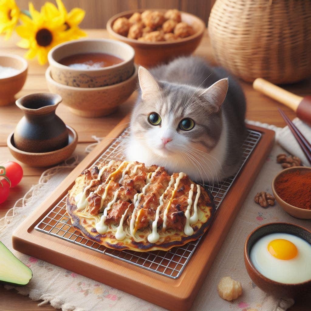 お好み焼きを作る猫