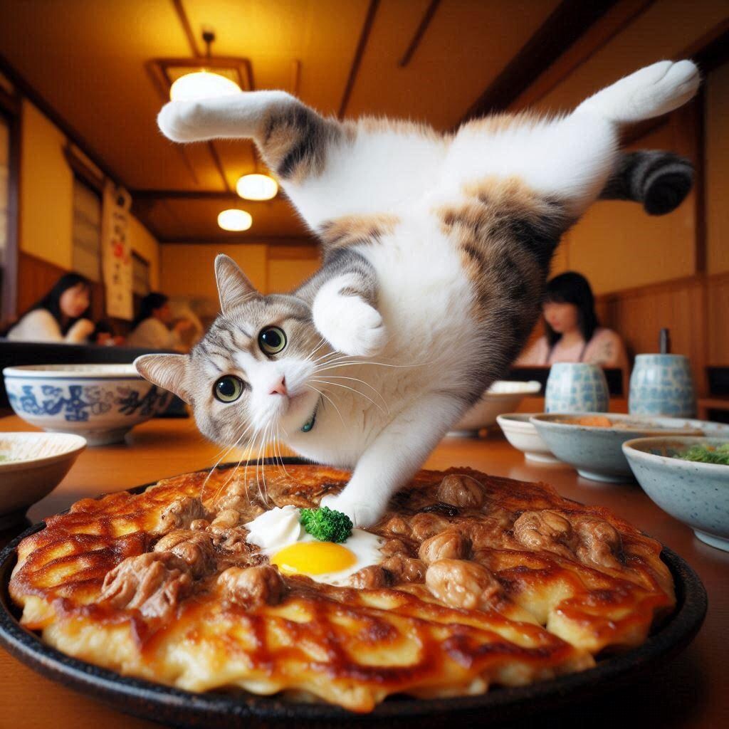 お好み焼きを作る猫