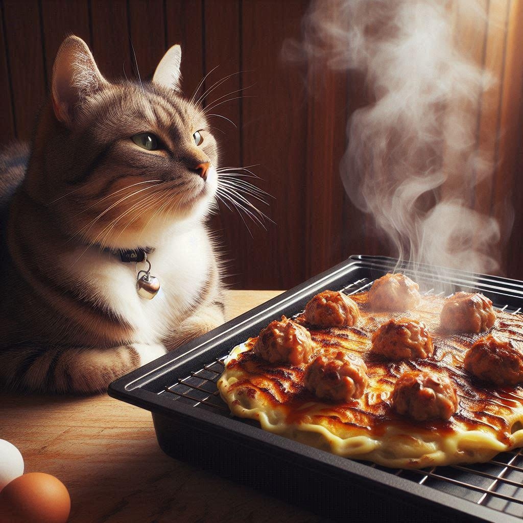 お好み焼きを作る猫