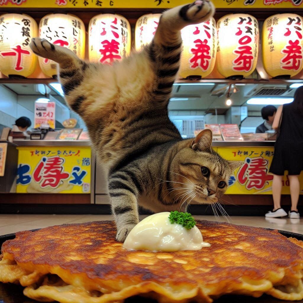 お好み焼きを作る猫