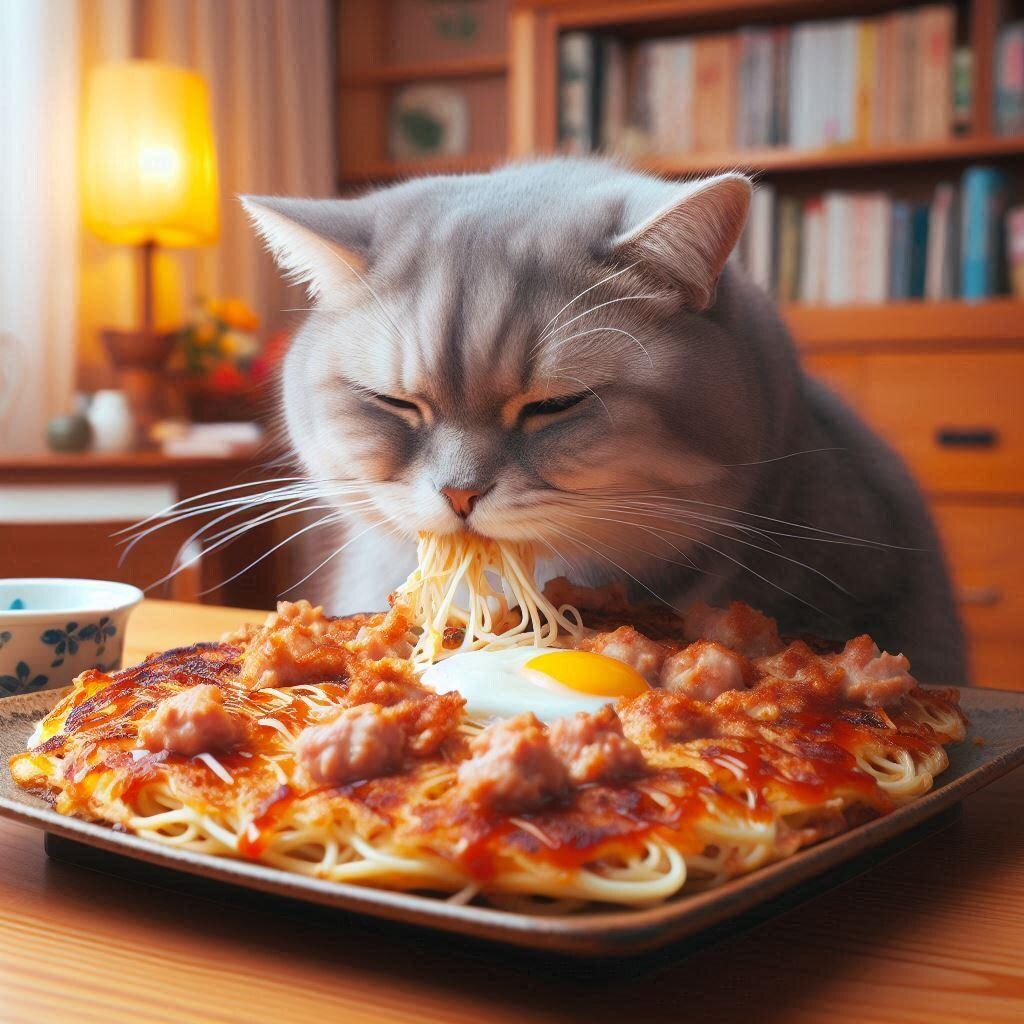 お好み焼きを作る猫