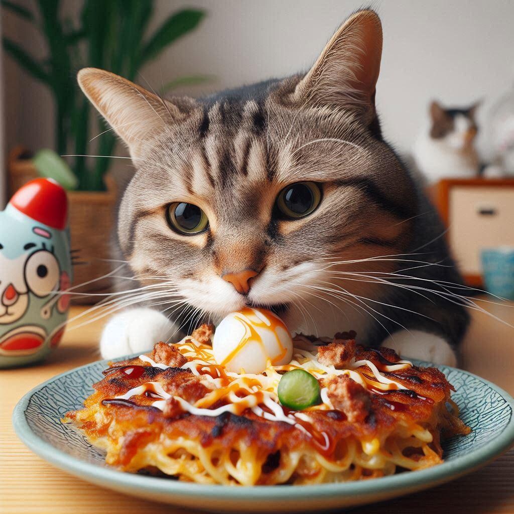 お好み焼きを作る猫