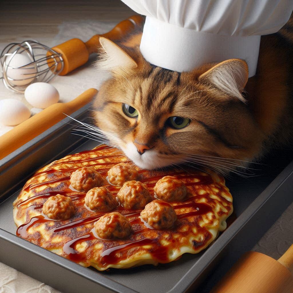 お好み焼きを作る猫